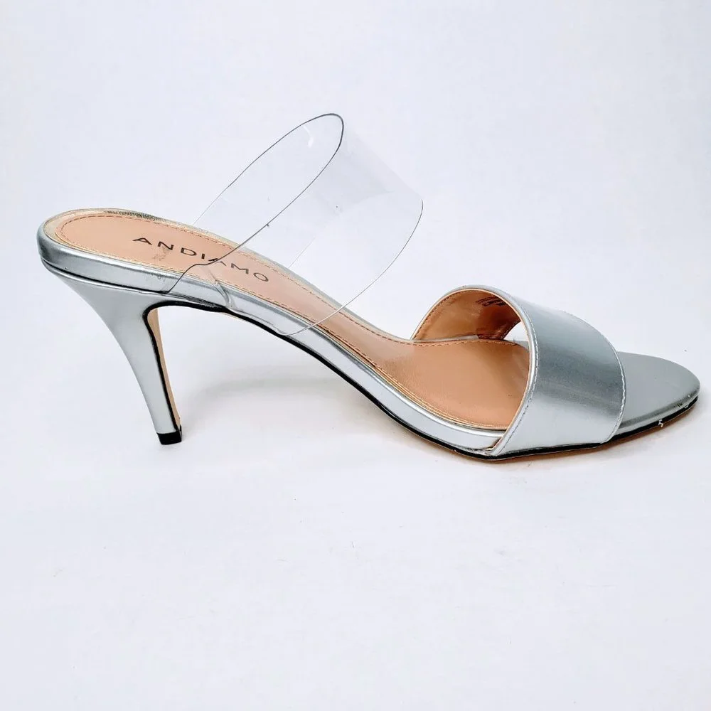 Andiamo Double Trouble Metallic Silver Clear Strap Heels Slip On Stiletto 8.5